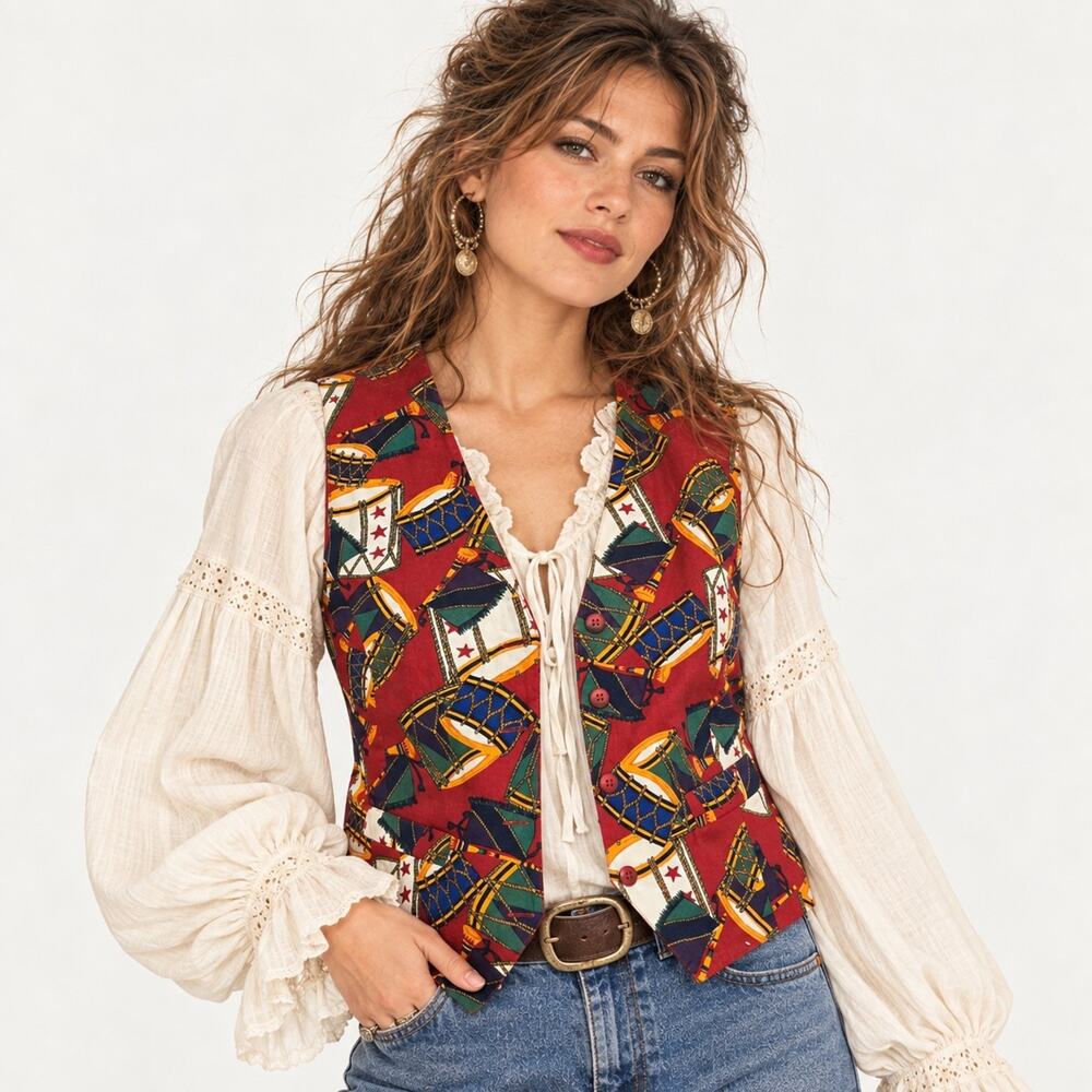 Vintage Picone Sport Women’s M Vest Red Drum Print Cotton Boho Western 90s